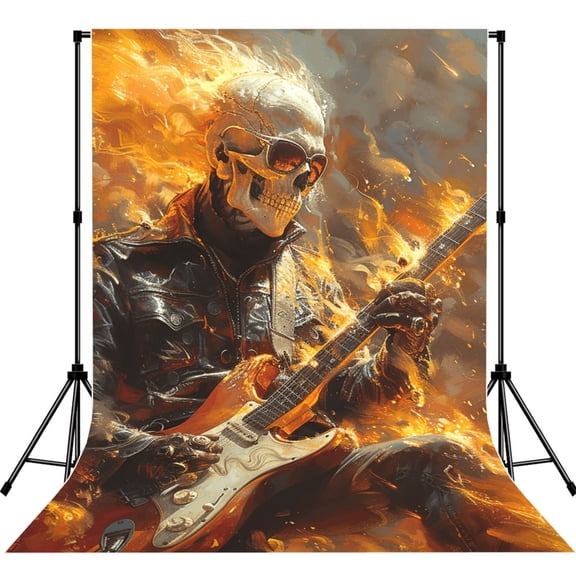 5x7ft Photography Backdrop Photo Studio Background with 4-inch Rod Pocket, Soft Screen, Heavy Metal Rock Music Fire Skull Flame