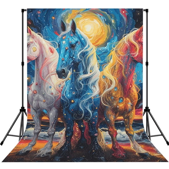 5x7ft Photography Backdrop Photo Studio Background with 4-inch Rod Pocket, Soft Screen, Horses Games Psychedelic