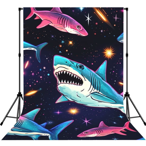 5x7ft Photography Backdrop Photo Studio Background with 4-inch Rod Pocket, Soft Screen, Laser Shark Space Funny Dinosaur Starry