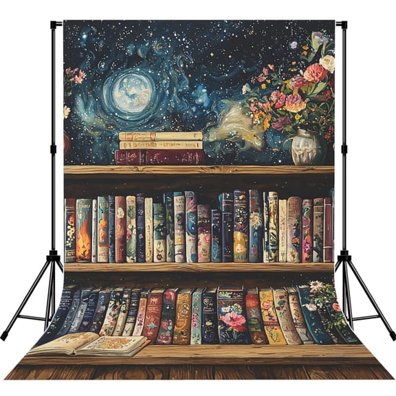 5x7ft Photography Backdrop Photo Studio Background with 4-inch Rod Pocket, Soft Screen, Library Bookshelf Hippie Retro