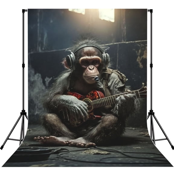 5x7ft Photography Backdrop Photo Studio Background with 4-inch Rod Pocket, Soft Screen, Monkey Playing Guitar Music