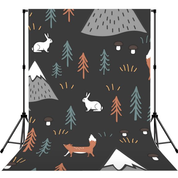 5x7ft Photography Backdrop Photo Studio Background with 4-inch Rod Pocket, Soft Screen, Mountain Rabbit Cartoon Hares Fox