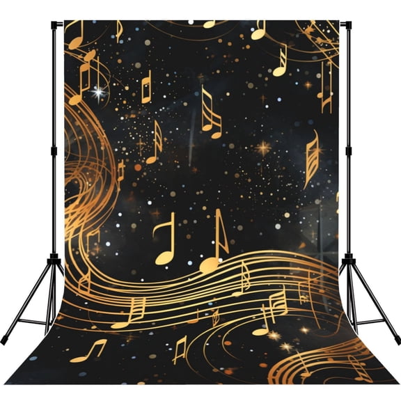 5x7ft Photography Backdrop Photo Studio Background with 4-inch Rod Pocket, Soft Screen, Musical Notes With Piano Starry Golden