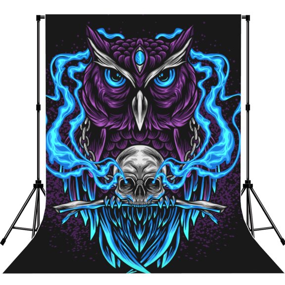 5x7ft Photography Backdrop Photo Studio Background with 4-inch Rod Pocket, Soft Screen, Owl Skull Blue Flaming