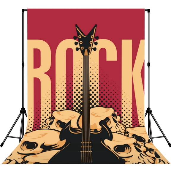5x7ft Photography Backdrop Photo Studio Background with 4-inch Rod Pocket, Soft Screen, Rock Electric Guitar Skulls