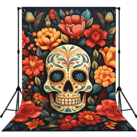 5x7ft Photography Backdrop Photo Studio Background with 4-inch Rod Pocket, Soft Screen, Skull Day Of The Dead Gothic Skull Flowers