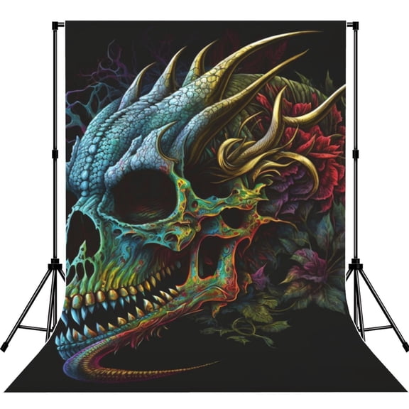 5x7ft Photography Backdrop Photo Studio Background with 4-inch Rod Pocket, Soft Screen, Skull Dragon Death Psychedelic Vintage