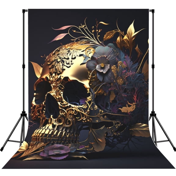 5x7ft Photography Backdrop Photo Studio Background with 4-inch Rod Pocket, Soft Screen, Skull Floral Gold Death