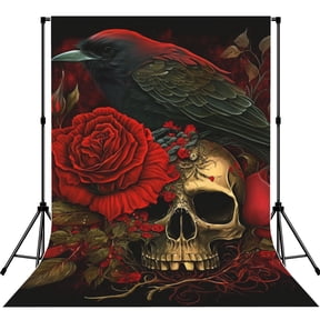 5x7ft Photography Backdrop Photo Studio Background with 4-inch Rod Pocket, Soft Screen, Skull Head Red Roses Raven