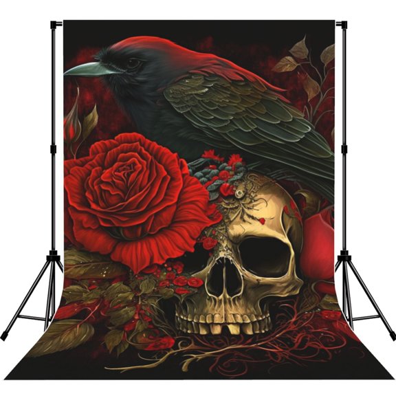 5x7ft Photography Backdrop Photo Studio Background with 4-inch Rod Pocket, Soft Screen, Skull Head Red Roses Raven