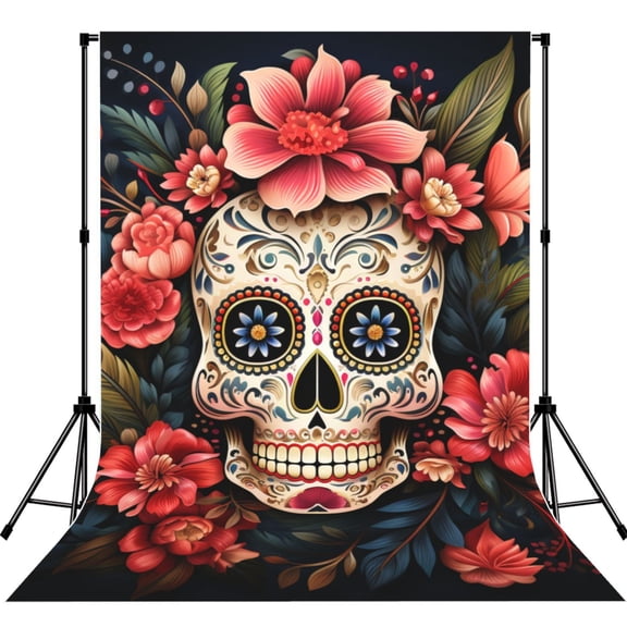 5x7ft Photography Backdrop Photo Studio Background with 4-inch Rod Pocket, Soft Screen, Skulls Gothic Day Of The Dead Art