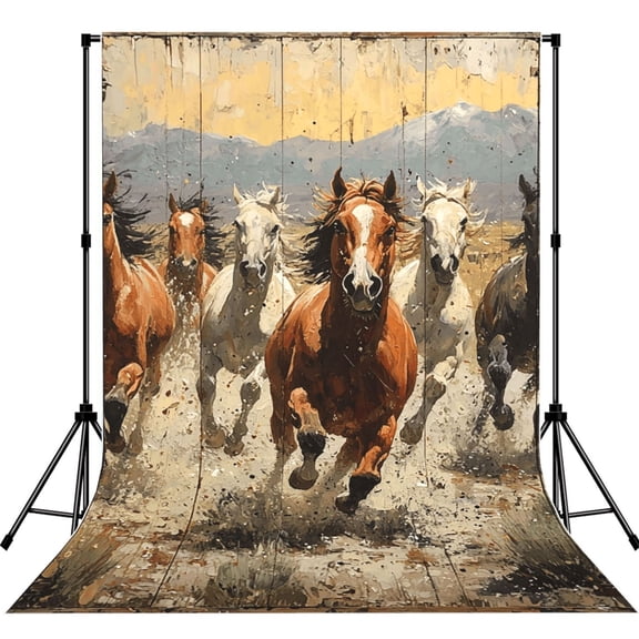 5x7ft Photography Backdrop Photo Studio Background with 4-inch Rod Pocket, Soft Screen, Western Horses Runing Vintage