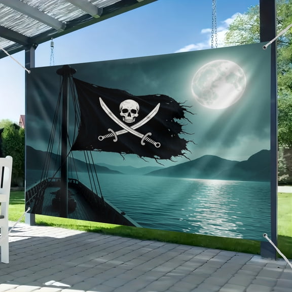 5x7ft Pirate Ship Backdrop Fabric Sailing Ship Deck Creepy Skull Flag Full Moon Night Photography Background for Pirate Themed Halloween Birthday Party Decorations Kids Boy Adult Photo Props