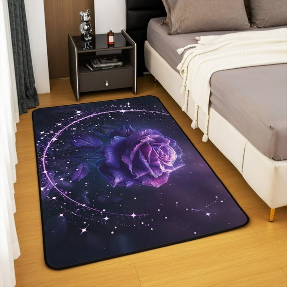 5x7ft Purple Roses Area Rug, Galaxy Shiny Stars 3D Flowers Carpet, Romantic Florals Blossom Dreamy Washable Indoor Floor Mat, Black Petals Botanical Washable Decorative Rug