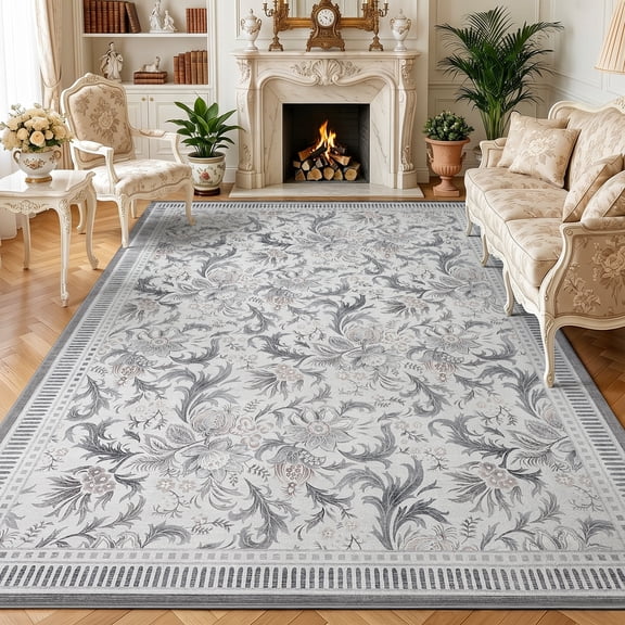 5x7ft Washable Area Rug, Floral Low Pile Rug with Non-Slip Backing, Floor Carpet for Living Room, Bedroom, Dining Room and Entryway, Gray