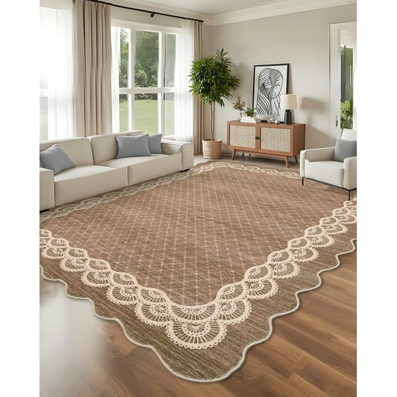 5x7ft Washable Scalloped Rug,Modern Geometric Low Pile Carpet Stain Resistant Non-Slip, Faux Wool Feel Throw Rug for Living Room Bedroom Office Entryway