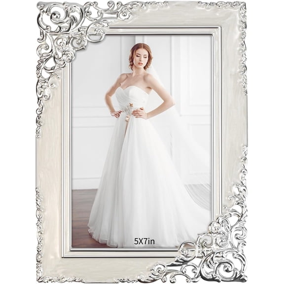 5x7in Vintage Metal Picture Frame White Big Pearl Photo Frame Wedding Decoration, Clear Glass Front, Unique Tabletop or Wall Display, Horizontally & Vertically,Perfect Gift Choice