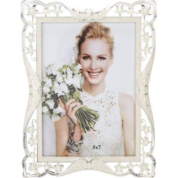 5x7in Vintage Metal Picture Frame White Pearl Photo Frame Wedding Decoration, Clear Glass Front, Unique Tabletop or Wall Display, Mothers Day Gifts for Mom Women, Horizontally & Vertically