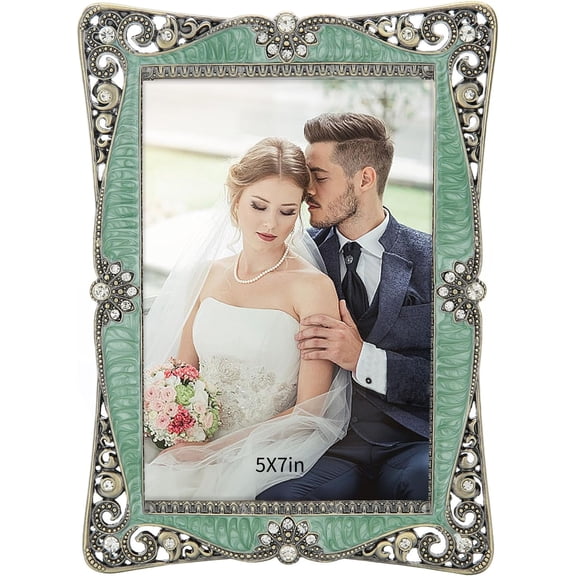 5x7in Vintage Picture Frame with Brass-Green Metal Diamond Decoration,Clear Glass Front Cover,Ornate Antique Art,Unique Gifts for Couple Women Wedding Mothers Day,Horizontally & Vertically