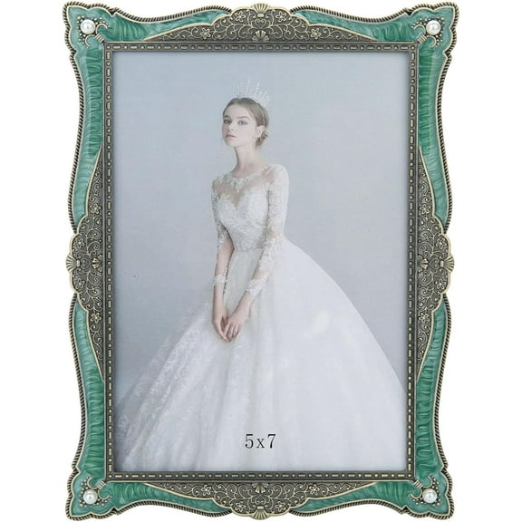 5x7in Vintage Picture Frame Green Metal Emerald Antique Brass Pearl Photo Frame Retro Home Decor, Clear Glass Front, Unique Gifts for Women Wedding Mothers Day, Horizontally & Vertically