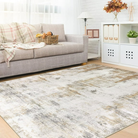5x8 Area Rug, Abstract Washable Rugs for Living Room Low Pile Neutral Area Rug for Bedroom Aesthetic Non Slip Rubber Backed Carpet Rugs for Living Room Bedroom Dining Room(Beige/Camel)