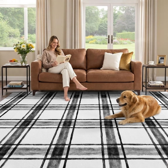 5x8 Area Rug, Black Plaid Low Pile Washable Rugs for Bedroom, Living ...
