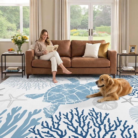 Navy Office Rug 5x8 Area Rug, Navy Blue Coastal Turtle Low Pile Washable Rugs for ...