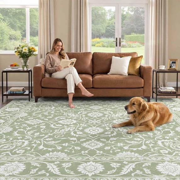 5x8 Area Rug, Sage Green Paisley Boho Low Pile Washable Rugs for ...