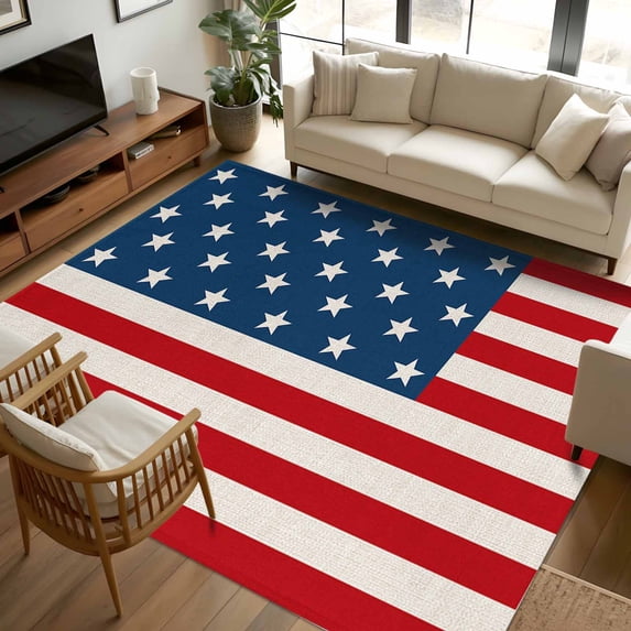 5x8 Area Rugs, 4th of July Non-Skid Rubber Backing Large Rectangle Rugs - Living Room Bedroom Home Office, Red Stripes Independence Day Indoor Floor Mat Carpets Washable Rug
