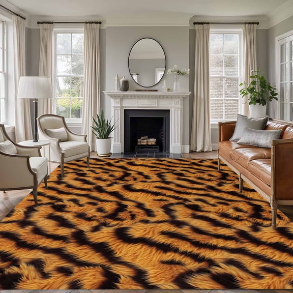 5x8 Area Rugs, Black Orange Non-Skid Rubber Backing Large Rectangle Rugs - Living Room Bedroom Home Office, Vintage Abstract Tiger Stripes Fur Patterned Indoor Floor Mat Carpets Washable Rug