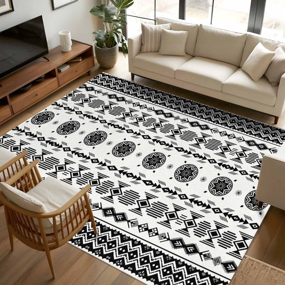 5x8 Area Rugs, Black White Boho Non-Skid Rubber Backing Large Rectangle ...