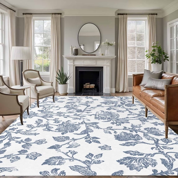 5x8 Area Rugs, Blue Flower Non-Skid Rubber Backing Large Rectangle Rugs - Living Room Bedroom Home Office, Vintage Farmhouse Boho Leaf Spring Summer Indoor Floor Mat Carpets Washable Rug