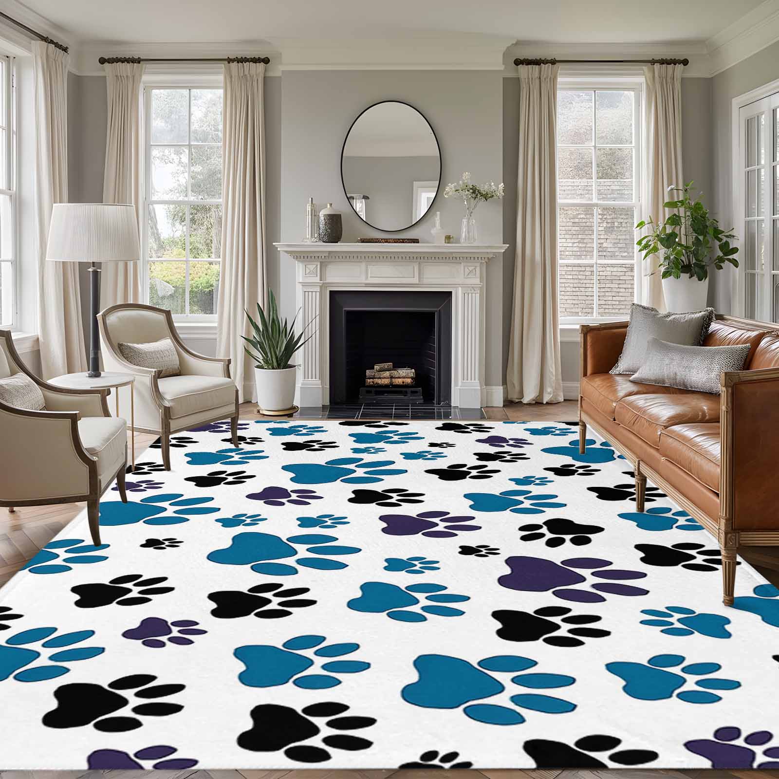 5x8 Area Rugs, Blue Paw Print Non-Skid Rubber Backing Large Rectangle ...