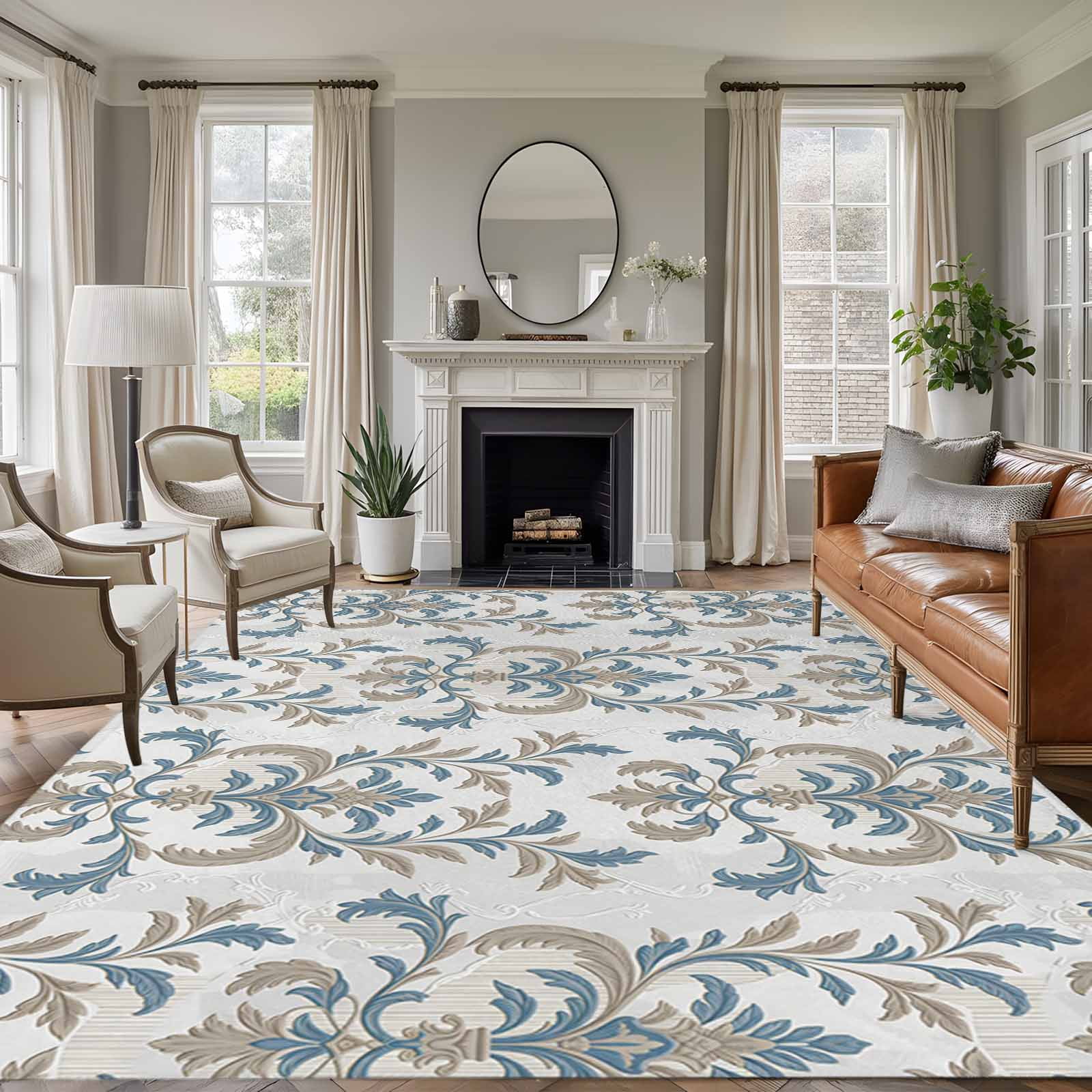 5x8 Area Rugs, Blue Tan Flower Non-Skid Rubber Backing Large Rectangle ...