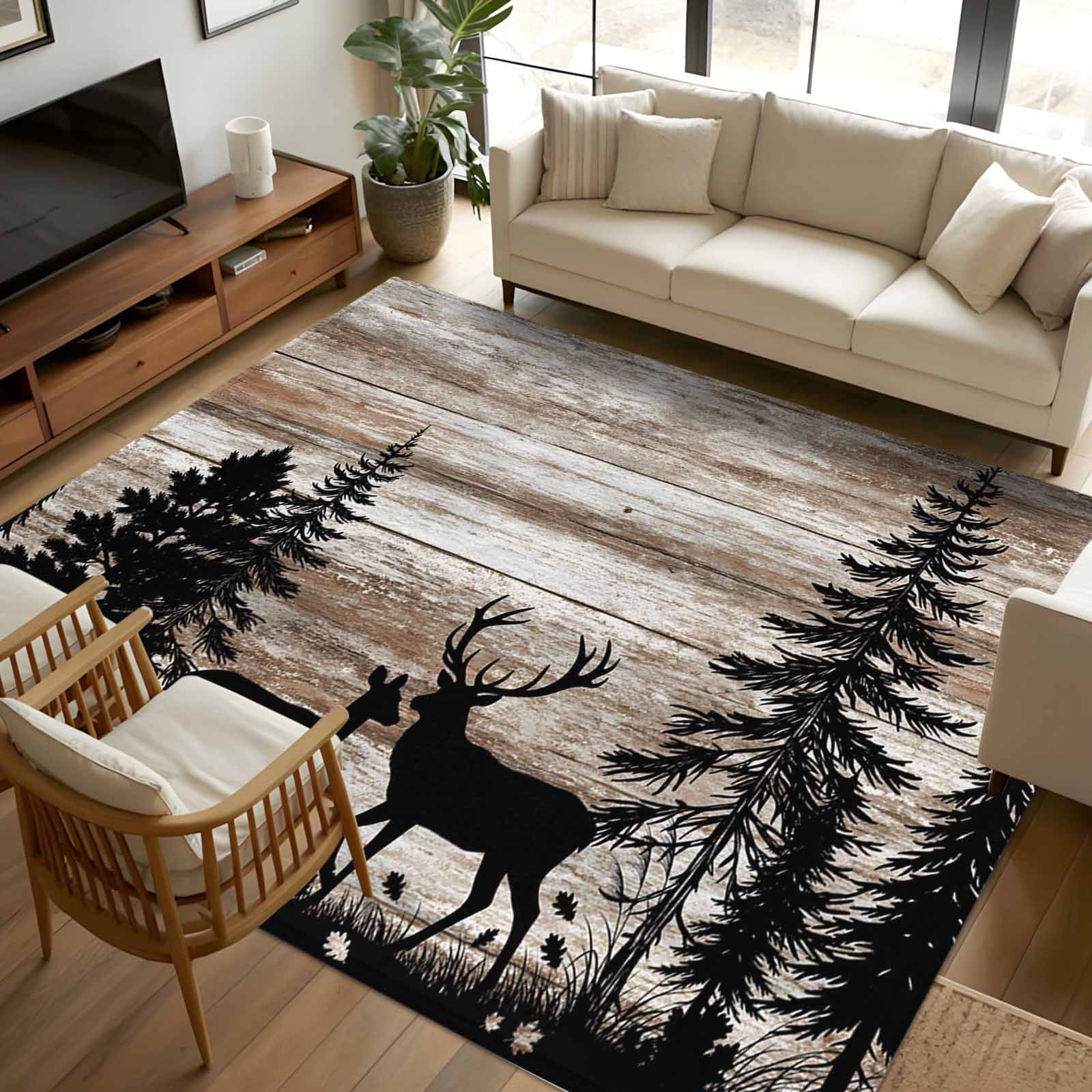 5x8 Area Rugs, Deer Silhouettes Non-Skid Rubber Backing Large Rectangle ...