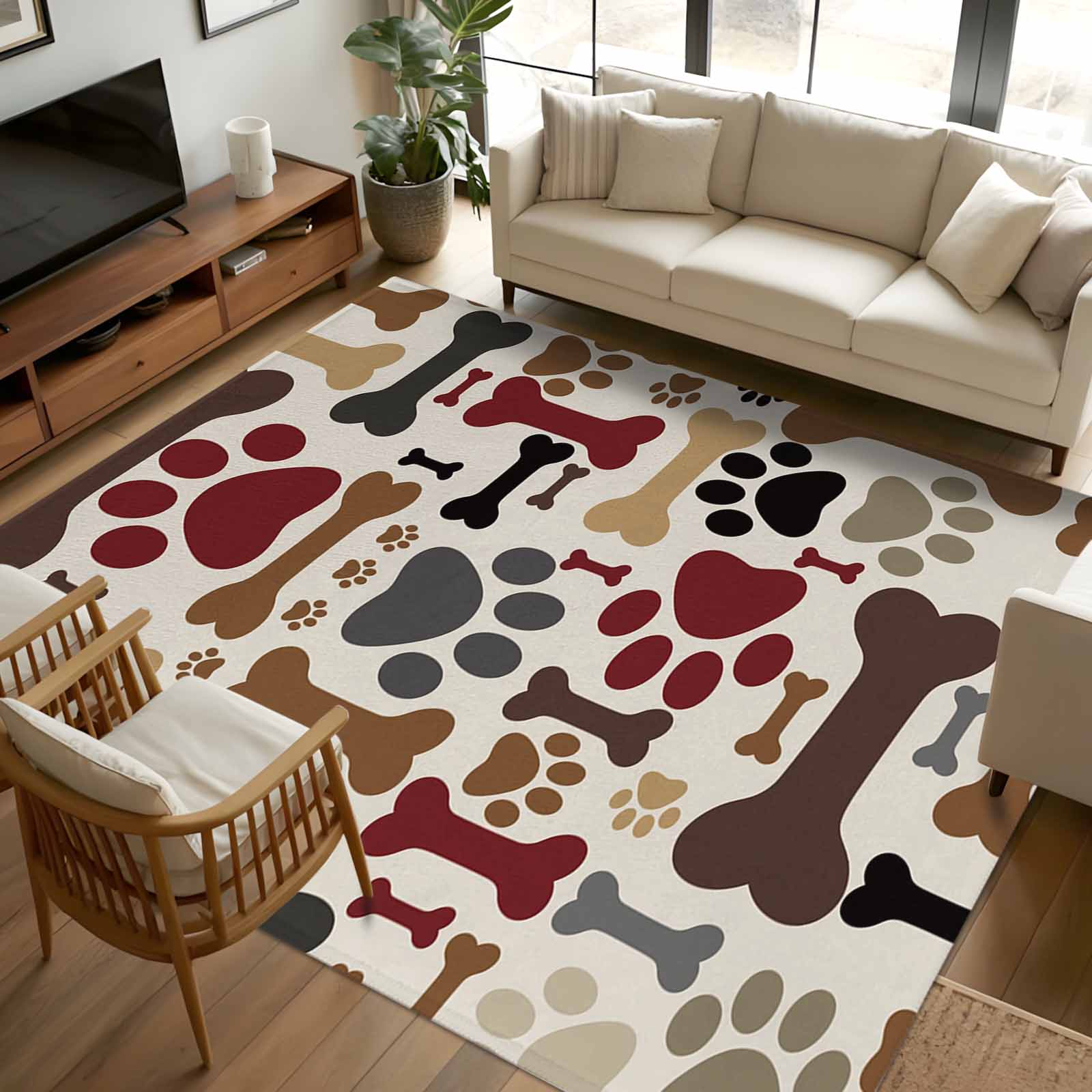 Paw Rug Pattern 5x8 Area Rugs, Dog Paw Print Non-Skid Rubber Backing Large Rectangle ...