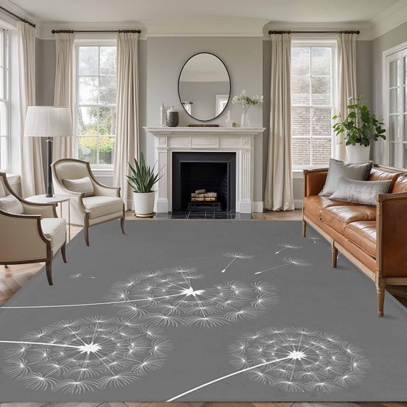 5x8 Area Rugs, Grey Dandelion Non-Skid Rubber Backing Large Rectangle Rugs - Living Room Bedroom Home Office, Abstract Art Simple Floral Indoor Floor Mat Carpets Washable Rug
