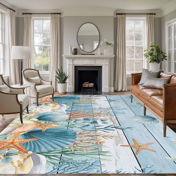 5x8 Area Rugs for Living Room, Blue Coastal Non Slip Area Rugs for Kitchen Bedroom Entryway, Summer Beach Starfish Shell Coral Nautical Washable Carpet Runner Rug Floor Mats for Bedroom Home Decor