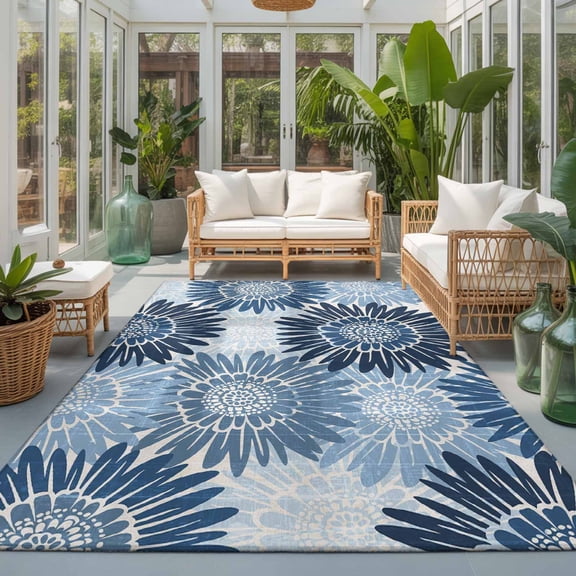 5x8 Area Rugs for Living Room, Blue Sunflowers Non Slip Area Rugs for Kitchen Bedroom Entryway, Spring Floral Modern Abstract Art Washable Carpet Runner Rug Floor Mats for Bedroom Home Decor