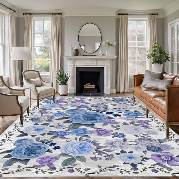 5x8 Area Rugs for Living Room, Boho Blue Flower Non Slip Area Rugs for Kitchen Bedroom Entryway, Spring Watercolor Country Floral Plant Washable Carpet Runner Rug Floor Mats for Bedroom Home Decor