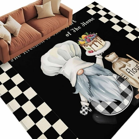 5x8 Area Rugs for Living Room, Chef Gnomes Non Slip Area Rugs for Kitchen Bedroom Entryway, Black White Plaid Dessert Maker Cake Washable Carpet Runner Rug Floor Mats for Bedroom Home Decor