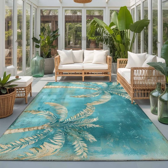 5x8 Area Rugs for Living Room, Coastal Beach Palm Tree Non Slip Area Rugs for Kitchen Bedroom Entryway, Retro Teal Tropical Plant Summer Washable Carpet Runner Rug Floor Mats for Bedroom Home Decor