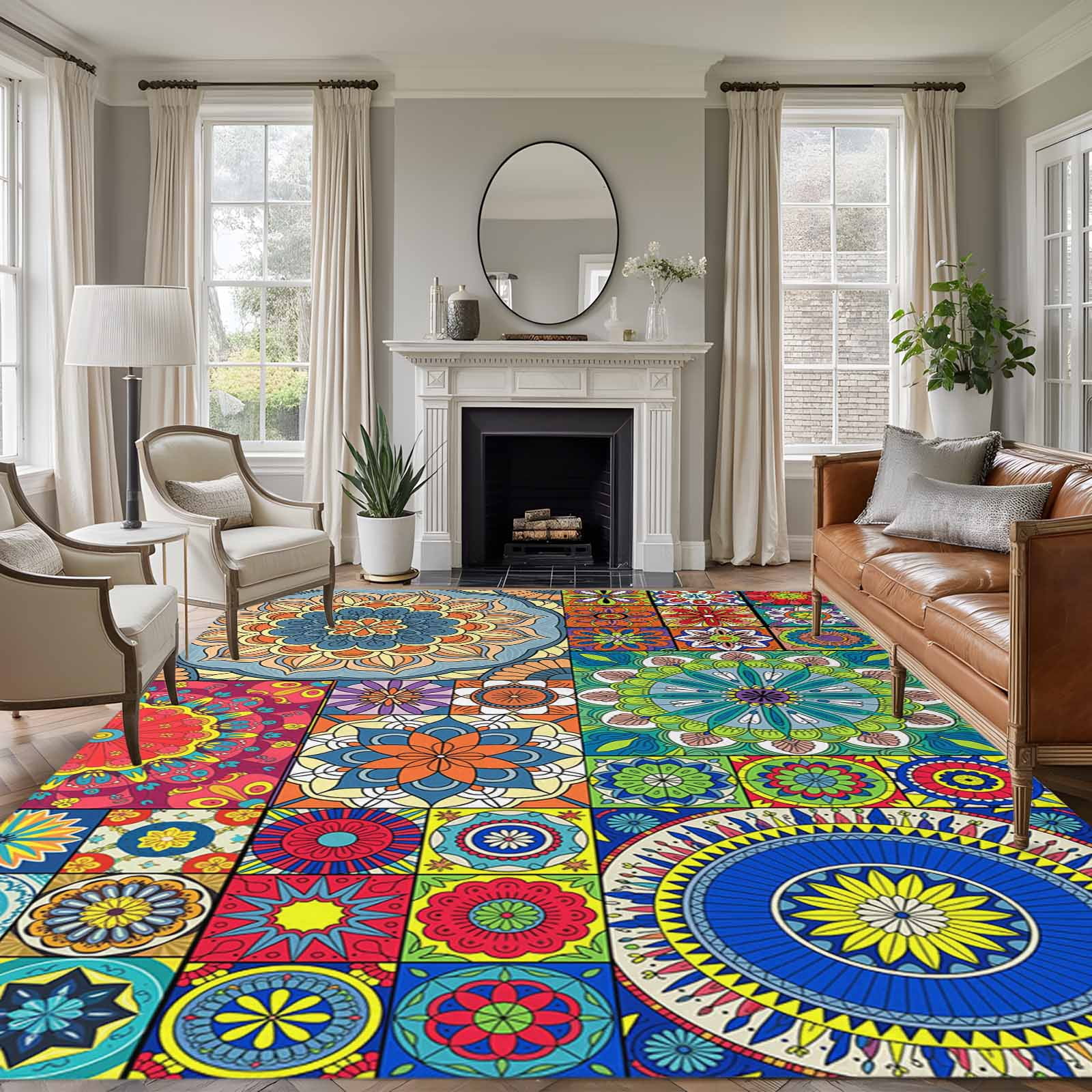 5x8 Area Rugs for Living Room, Colorful Ethnic Non Slip Area Rugs for Kitchen Bedroom Entryway, National Modern Geometric Blue Green Washable Carpet Runner Rug Floor Mats for Bedroom Home Decor