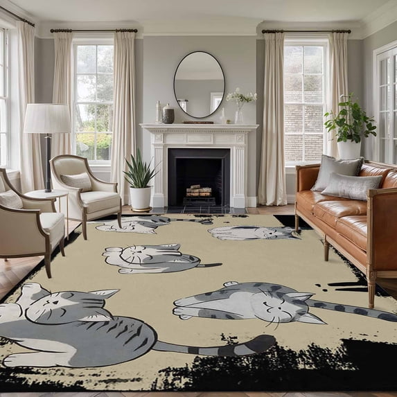 5x8 Area Rugs for Living Room, Cute Cat Non Slip Area Rugs for Kitchen Bedroom Entryway, Black Beige Vintage Animal Washable Carpet Runner Rug Floor Mats for Bedroom Home Decor