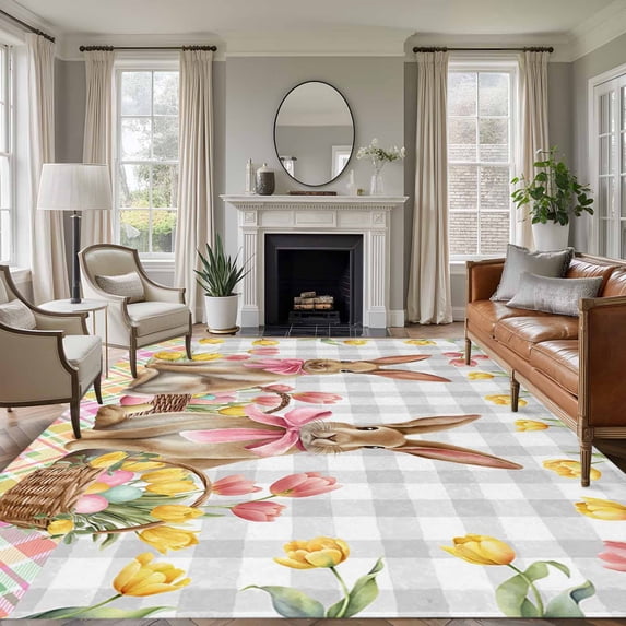 5x8 Area Rugs for Living Room, Easter Bunny Eggs Non Slip Area Rugs for Kitchen Bedroom Entryway, Spring Tulips Rustic Rabbits Grey Plaid Washable Carpet Runner Rug Floor Mats for Bedroom Home Decor