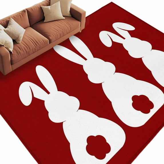 5x8 Area Rugs for Living Room, Easter Bunny Non Slip Area Rugs for Kitchen Bedroom Entryway, Cute Rabbit Family Vintage Red Abstract Washable Carpet Runner Rug Floor Mats for Bedroom Home Decor