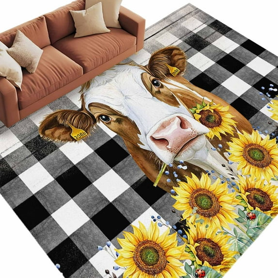 5x8 Area Rugs for Living Room, Farmhouse Cow Non Slip Area Rugs for Kitchen Bedroom Entryway, Vintage Country Sunflower Black Buffalo Plaid Washable Carpet Runner Rug Floor Mats for Bedroom