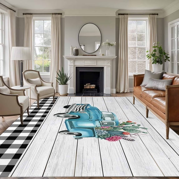 5x8 Area Rugs for Living Room, Farmhouse Wood Grain Non Slip Area Rugs for Kitchen Bedroom Entryway, Modern Cactus Truck Black Plaid Washable Carpet Runner Rug Floor Mats for Bedroom Home Decor