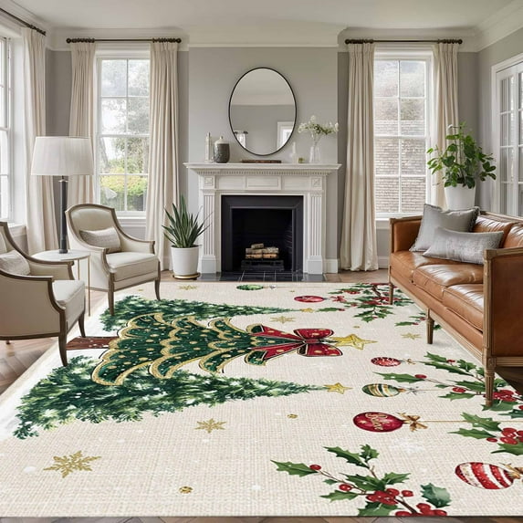 5x8 Area Rugs for Living Room, Green Christmas Tree Non Slip Area Rugs for Kitchen Bedroom Entryway, Xmas Ball Winter Rustic Washable Carpet Runner Rug Floor Mats for Bedroom Home Decor