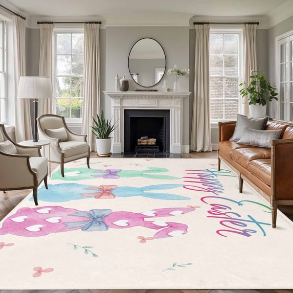 5x8 Area Rugs for Living Room, Happy Easter Non Slip Area Rugs for Kitchen Bedroom Entryway, Colorful Bunny Love Heart Rabbits Retro Pink Washable Carpet Runner Rug Floor Mats for Bedroom Home Decor